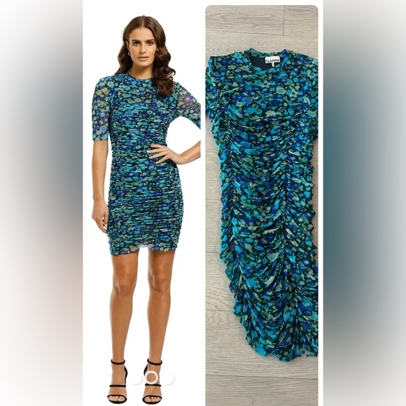 Ganni Ruched Floral Blue Mini Dress Size 36 US Small - Picture 1 of 5